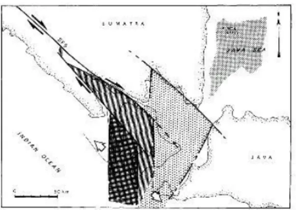 Gambar 3. Ekstensi Selat Sunda berdasarkan zona sesar (Pramumijoyo, 1991)  Riwayat kegempaan Selat Sunda 