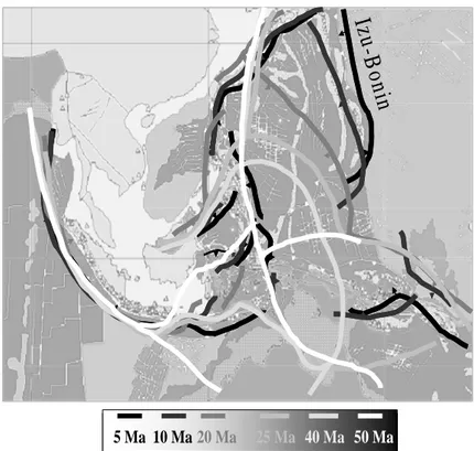 Gambar 2. Pergeseran zona subduksi selama 50 juta tahun terakhir menurut  Hall, modifikasi dari Hall, 2002)