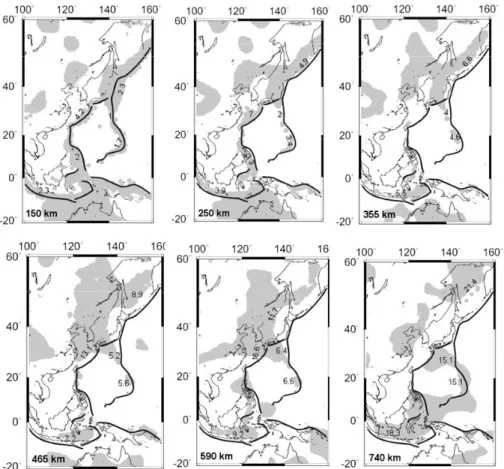 Gambar 3. Peta sebaran lempeng tersubduksi (daerah terarsir abu-abu) untuk beberapa  kedalaman lapisan dalam mantel yang diambil dari hasil tomografi  gelombang seismic P dan S (gambar modifikasi dari Handayani 2004, data  dari Widiyantoro, 1997)