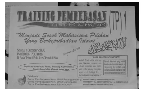 Figure 1: A pamphlet at UIN Alauddin Makassar advertising HTI training organized by the Student Liberation Movement of UNM 