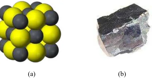 Gambar 2.7 (a) Gambar unit sel dari galena, (b) Kristal galena dari Kansas. 