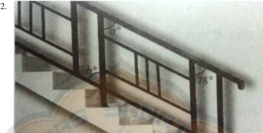 Gambar di atas adalah tangga rumah yang tiang-tiang penyangganya saling  sejajar. Tentukan besar sudut a dan b pada gambar! Berikan alasan! 