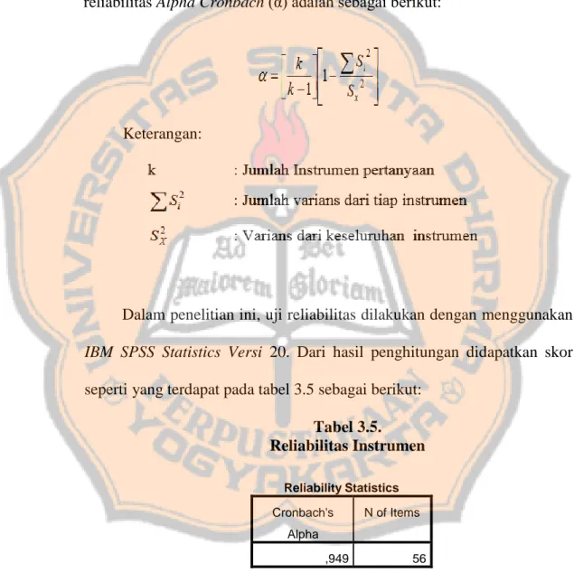 Tabel 3.5.  Reliabilitas Instrumen  Reliability Statistics  Cronbach's  Alpha  N of Items  ,949  56 