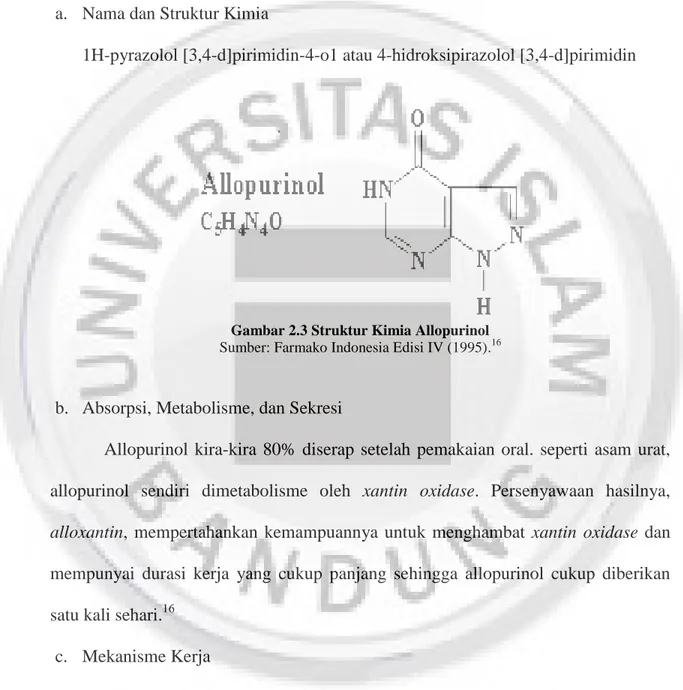 Gambar 2.3 Struktur Kimia Allopurinol  Sumber: Farmako Indonesia Edisi IV (1995). 16
