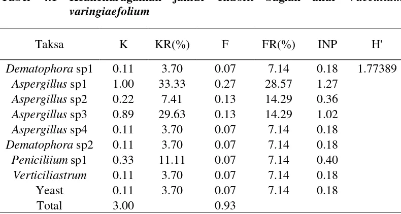 Tabel 4.1 Keanekaragaman jamur endofit bagian akar Vaccinium   