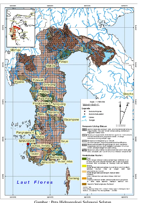 Gambar : Peta Hidrogeologi Sulawesi Selatan.  (Modifikasi Yudhanagara &amp; Sudibyo , 2004) 