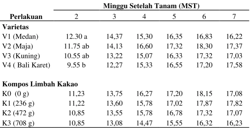 Tabel 2. Rataan pertumbuhan jumlah daun (helai) pada perlakuan varietas dan  pemberian kompos limbah kakao 