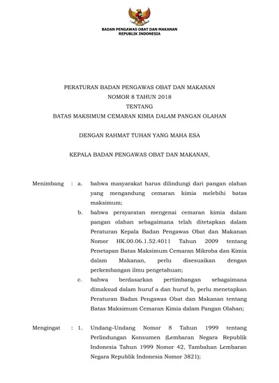 PERATURAN BADAN PENGAWAS OBAT DAN MAKANAN NOMOR 8 TAHUN 2018 TENTANG ...