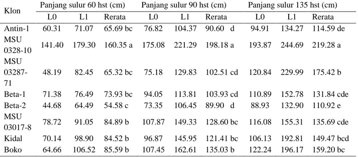 Tabel  3.  Keragaan  agronomik  beberapa  klon  ubijalar  pada  karakter  panjang  sulur  60,  90,  135 hst 