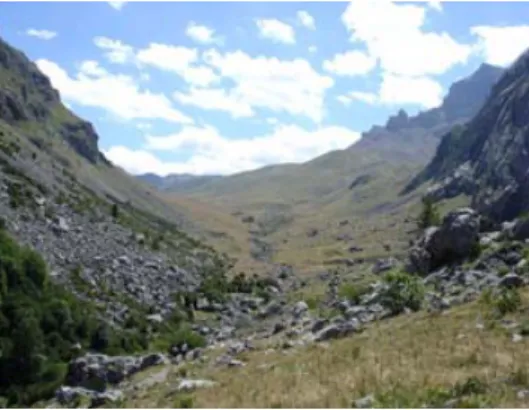 Figura 1. Paisaje y hábitat característico de las marmotas. Los grandes bloques rocosos son  uno de los hábitats preferidos por las marmotas en el Pirineo calizo (entrada de la Canal de 