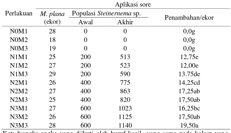Tabel 3. Rataan penambahan populasi Steinernema sp. pada aplikasi pagi hari. 