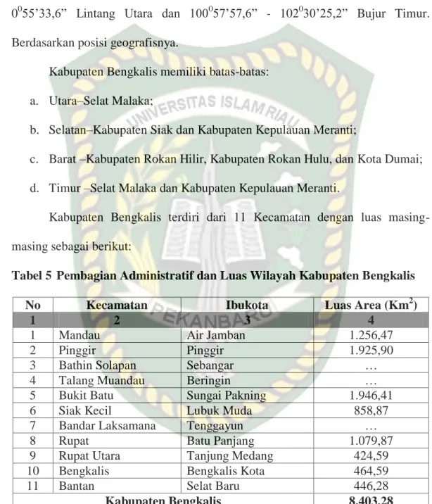 Tabel 5  Pembagian Administratif dan Luas Wilayah Kabupaten Bengkalis 