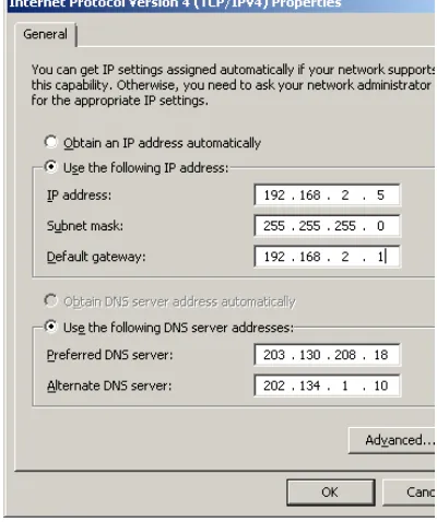 Gambar 10 : Pengaturan IP Address pada komputer 