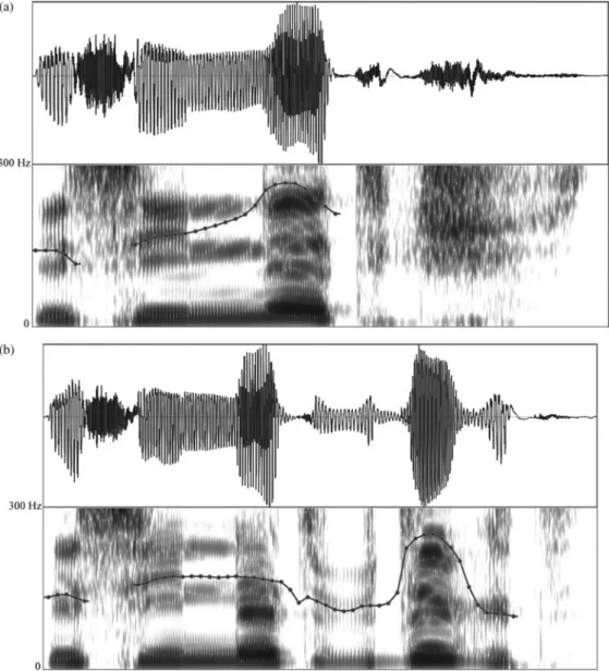 Figure 3 Waveform, spectrogram, and f0 contour of questions (a) is inna tk ʃf ‘Did he say “It dried”?’ and (b) is inna tbdgt ‘Did he say “You are wet”?’ produced by a male native speaker.