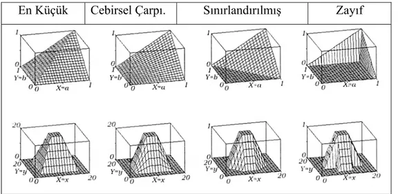 Şekil 4.12.  Farklı T-Norm İşlemlerinin Gösterimi  Kaynak: (Baykal ve Beyan,2004:91) 