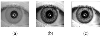 Gambar 3. (a) Citra iris asli, (b) Citra iris pada Gambar 3a yang  telah disesuaikan kekontrasannya, (c) Citra iris setelah dihaluskan dengan tapis Gaussian 