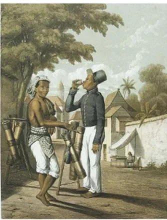Gambar 2.2 Liptografi pedagang keliling tuak nira dan prajurit pribumi di hindia  belanda (sekarang Indonesia) karya Auguste Van Pers (1854)