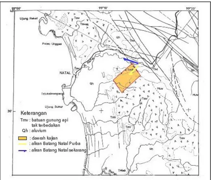 Gambar 1. Peta geologi regional dan arah aliran Batang Natal (Rock, N. M. S., dkk, 1983)