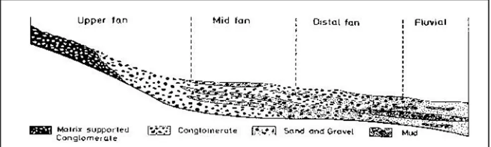 Gambar 2. Distribusi lithofasies suatu kipas aluvial (McGoven dan Groat, 1971 dalam Reineck., H