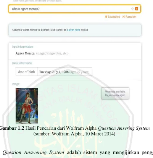 Gambar 1.2 Hasil Pencarian dari Wolfram Alpha Question Ansering System  (sumber: Wolfram Alpha, 10 Maret 2014) 