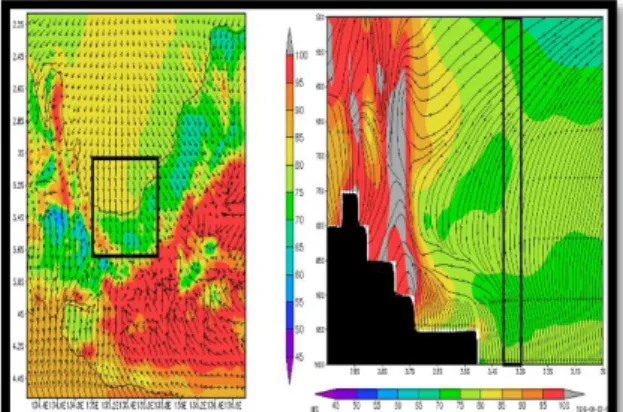 Gambar  8.  Plot  Horizontal  dan  vertikal  RH  dan  angin  permukaan  serta  angin  tiap  level  jam 16.00 WIT