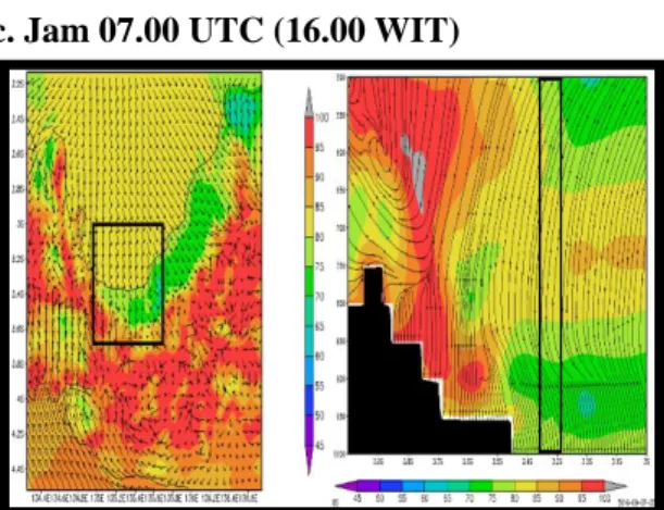 Gambar  12.  Plot  Horizontal  dan  vertikal  RH  dan  angin  permukaan  serta  angin  tiap  level  jam 17.00 WIT
