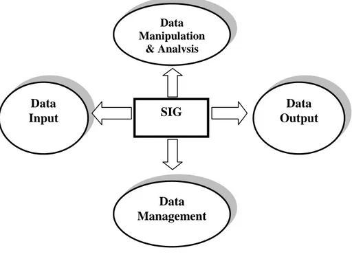 Gambar 1. Bagan subsistem-subsistem SIG Data Manipulation &amp; Analysis Data Input  Data  Output Data Management SIG 