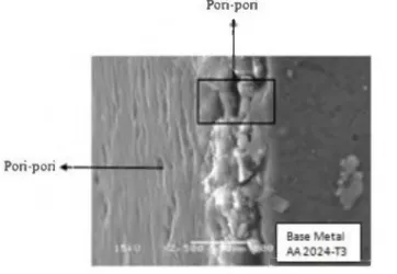 Gambar  7  merupakan  foto  SEM  penampang  pada  spesimen  AA  2024-T3.  Dari  pengamatan  foto  SEM  terlihat  bahwa  proses  anodizing  menghasilkan  lapisan  aluminium  oksida  yang  cukup  tebal