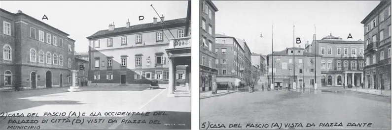 Fig. 5 Casa del Fascio (A) and west wing of the city  palace (D), view from Piazza del Municipio, today  Trg Rijeèke rezolucije (photo from the competition  documentation), 1939