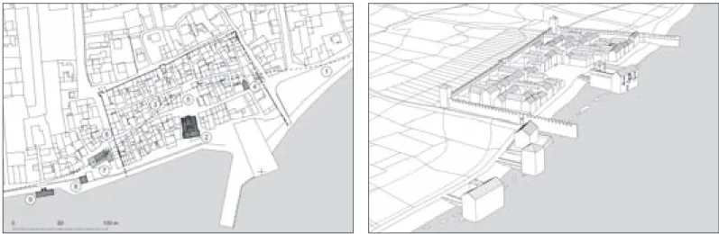 Fig. 2 Plan of the town of Kaštel Stari: 1. original  coast line, 2. Cipiko Castle, 3