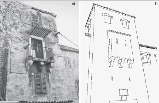 Fig. 9 Cipiko Castle, north tower façade: a) present  state, b) reconstruction of the tower from the 16 th  c
