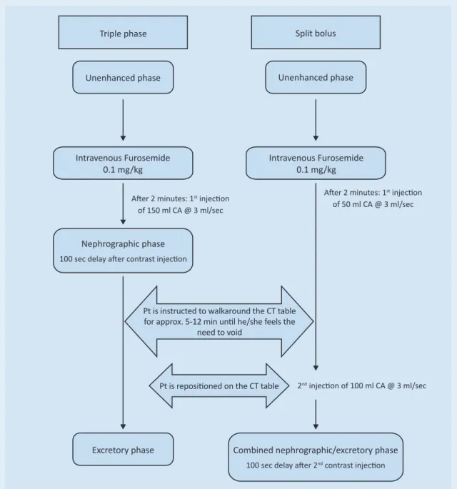Figure 4 Diagram of the CT urography protocols used at our institution. Patients are instructed to empty their  bladder 60 minutes before the examination and to drink 1000 ml of water over the next 20-30 minutes
