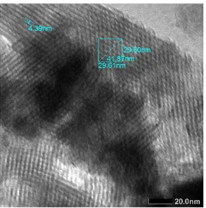 Gambar  2  adalah  hasil  TEM  sampel  karbon  mesopori.  Gambar  TEM   me-nunjukkan  bahwa  karbon  mesopori  memiliki  struktur  heksagonal  dengan  diameter  pori  sekitar  4,4  nm