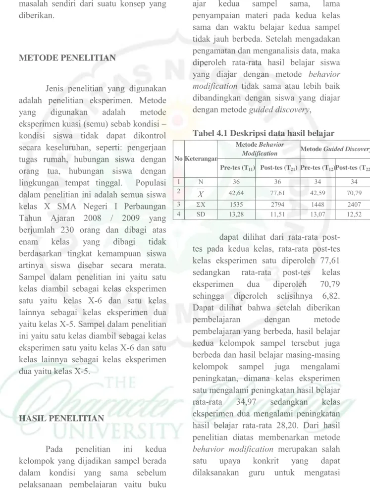 Tabel 4.1 Deskripsi data hasil belajar  