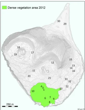 Figure 1. Location of the 25 permanent study plots  on  Surtsey.  Note  the  dense  vegetation  at  the  gull  colony (13 ha) in 2012 (coloured area)