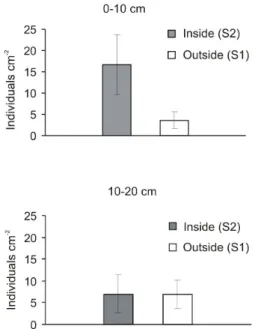 Figure 2. Nematode abundance in topsoil (0-10 cm)  and subsoil (10-20 cm) in permanent study plots  lo-cated outside and inside the gull colony on Surtsey