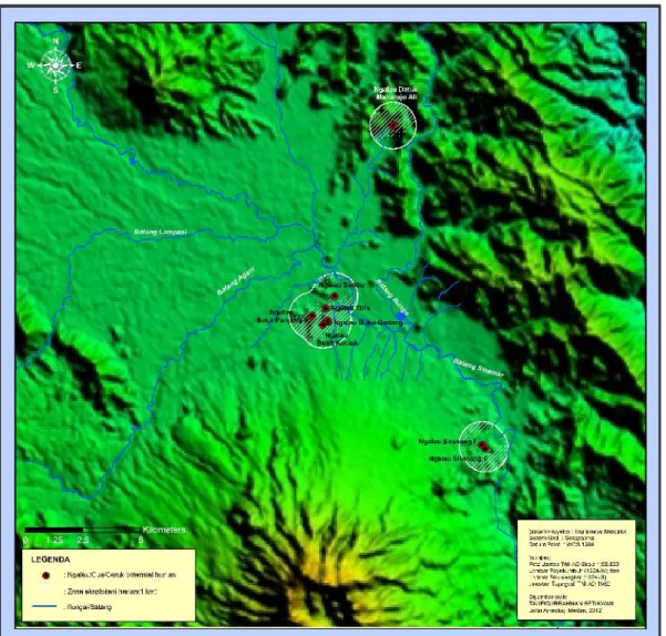 Gambar 13. Peta Cakupan Wilayah Permukiman Gua di Sub-Cekungan Payakumbuh  (Sumber: Aster GDEM Worldwide Elevation Data(1.5-arc-second resolution))  Tabel 3.Tabel jarak antara Gua dan Ceruk Potensial dengan sumberdaya sungai 