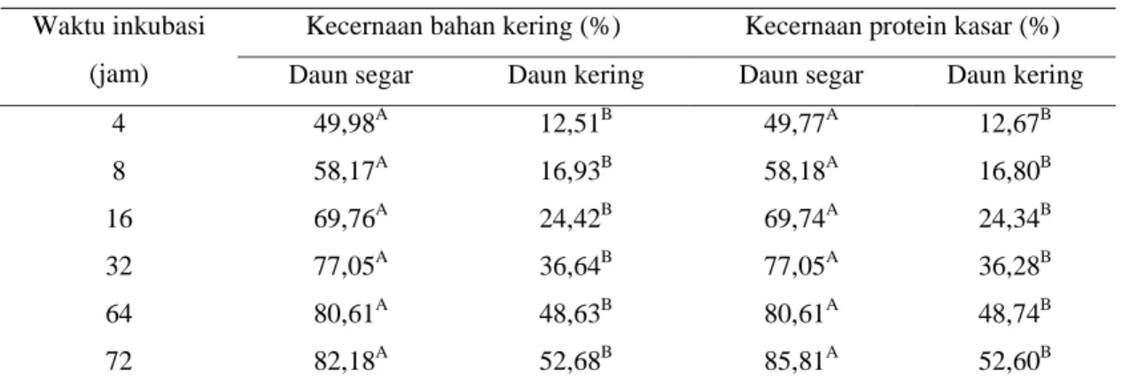 Tabel 1. Rataan  kecernaan bahan kering dan protein dari daun turi segar dan kering secara  in sacco pada berbagai waktu inkubasi 