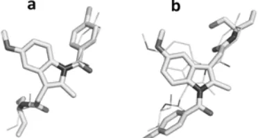 Fig 6. The two plausible docking poses of the referenceligand MIM identified in this SBVS contruction aligned tothe crystal structure pose: The docking poses resulted inthe protocol that have the lowest RMSD value of 0.633 Å(a) and the docking poses result