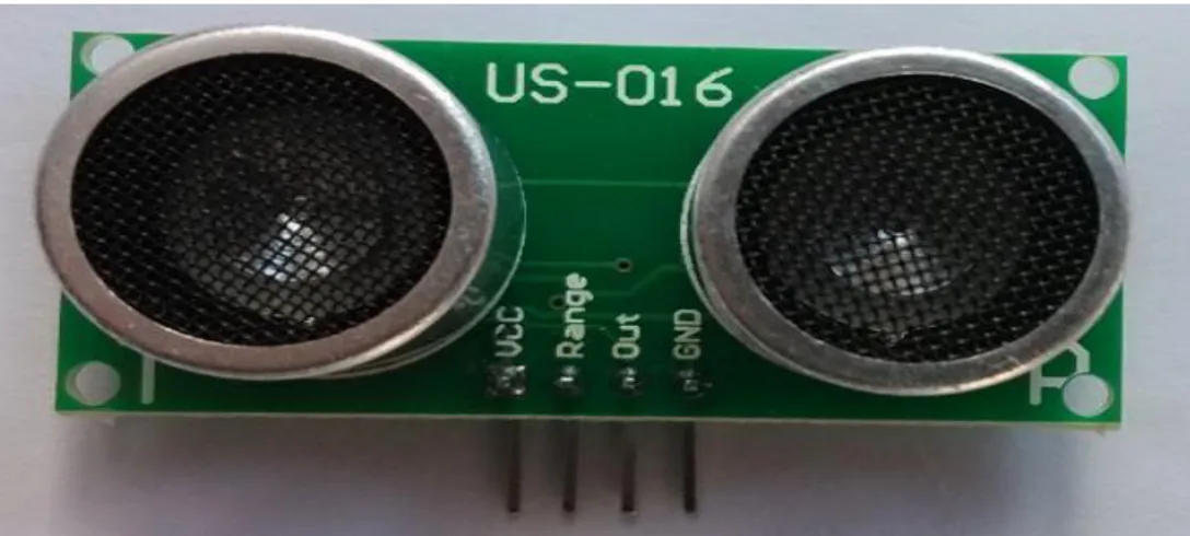 Gambar 2.2 Sensor Ultrasonik Us-016 (a) tampak depan (b) tampak  belakang 