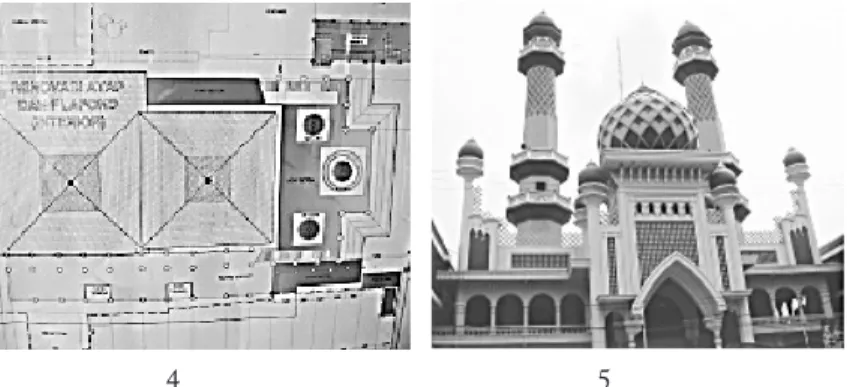 Gambar 4. Site Plan Masjid Jami’ Malang. Bangunan utama masjid beratap hijau dan bagian  serambi timur dilengkapi atap kubah yang diapit dua menara (Sumber: gambar  kerja renovasi masjid, 2004)