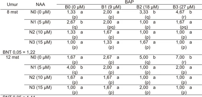 Tabel 3. Uji BNT Interaksi Perlakuan NAA dan BAP terhadap Jumlah Tunas N. ampullaria (buah)  pada pengamatan 8 mst dan 12 mst