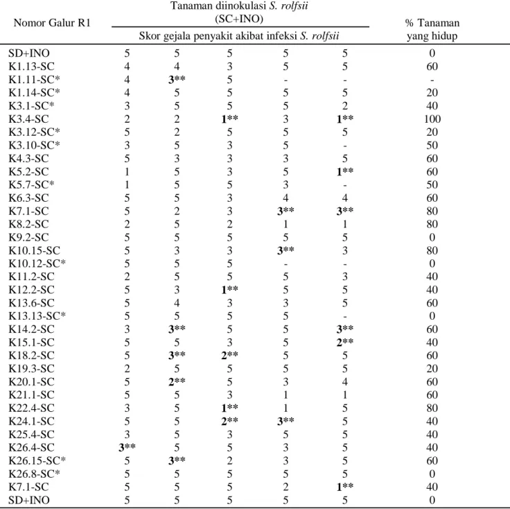 Tabel 3. Respons  masing-masing galur R1 terhadap inokulasi S. rolfsii berdasarkan skor gejala penyakit  yang  ditimbulkan  pada  zuriat  R2-nya  dibandingkan  dengan  kacang  tanah  cv