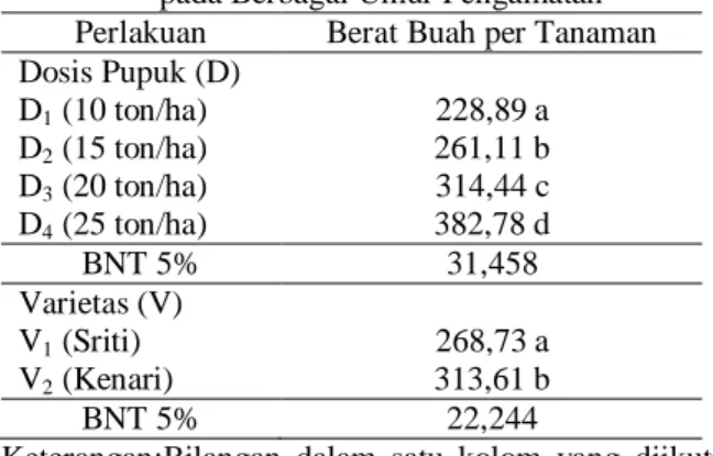 Tabel  3.  Rata-rata  Jumlah  Buah  per  Tanaman  (buah)  Pengaruh  Dosis  Pukan  (D)  dan  Varietas  pada  Berbagai  Umur  Pengamatan 