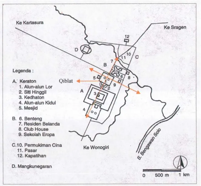 Gambar 21. Pusat Kota Surakarta 1860 (sumber, Bonnef, dalam Wiryomartono, P,1995 : 52)