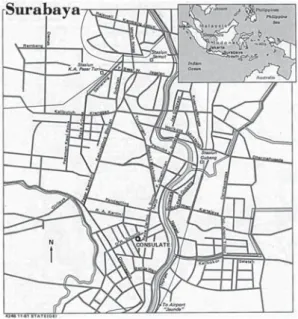 Gambar 1. Peta Surabaya dengan keletakan posisi  kawasan Simpang yang ditunjukkan dengan lingkaran
