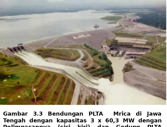 Gambar 3.3 Bendungan PLTA  Mrica di Jawa Tengah dengan kapasitas 3 x 60,3 MW dengan Pelimpasannya (sisi kiri) dan Gedung PLTA beserta Air Keluarnya (sisi kanan)