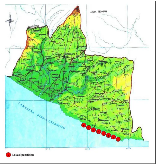 Gambar  1.  Peta  provinsi  DIY  yang  memperlihatkan  kawasan  penelitian  di  pantai  selatan  DIY