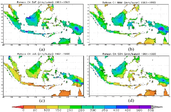 Gambar  3a  merupakan  musim  DJF  yang  menunjukkan  Indonesia  memiliki  curah  hujan  150-400  mm/bulan