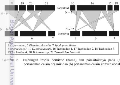 Gambar 6  Hubungan tropik herbivor (hama) dan parasitoidnya pada (a) 